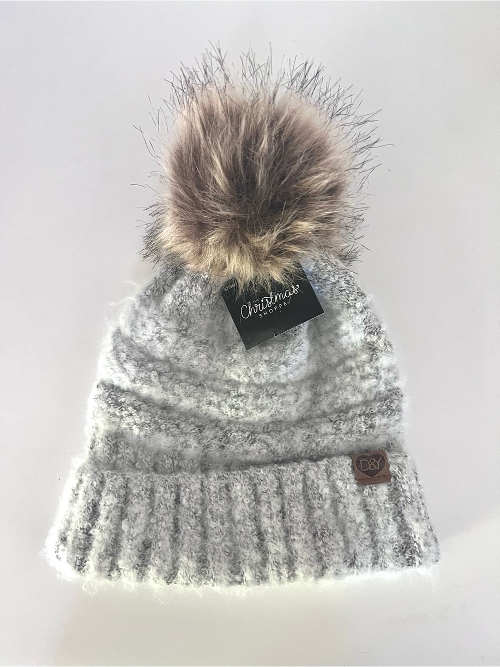 D&Y Light Gray Knit Beanie with Faux Fur Pom